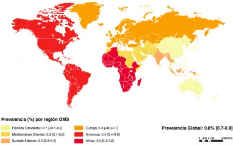 Figura 1.1 Prevalencia de adultos que viven con VIH a nivel mundial. Se considera adulto a personas entre 15 y 49 años de edad (UNAIDS, 2015)