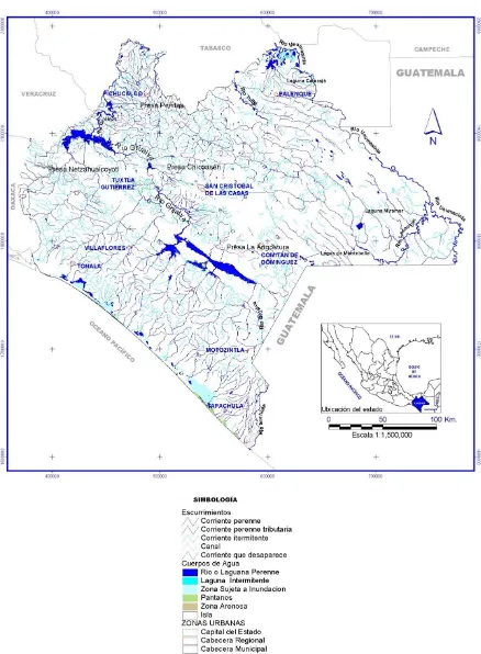 Fig. 1.2.1. Mapa hidrográfico del estado de Chiapas. Fuente: Colegio de la Frontera Sur, L.A.I.G.E