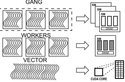 Figura 2.12: OpenACC considera tres niveles de paralelismo: gangs, workes y vector