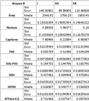 Cuadro 4.  Registro de los datos del análisis estadístico, por tinción y fibra muscular,  considerando su error estándar = Std Error y su media de la biopsia B 