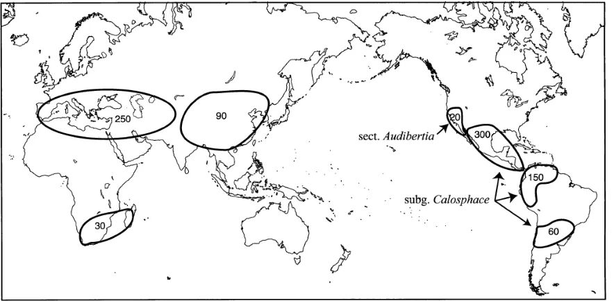 Figura 1. Centros de diversidad del género Salvia. Los números indican el número 