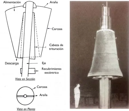 Figura 1.8. Partes de una trituradora giratoria (Tomada de Wills’ Mineral Processing Technology).