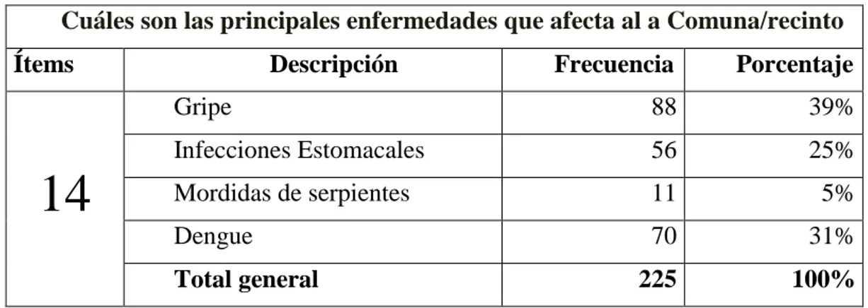 TABLA N° 14 Cuáles son las principales enfermedades que afecta a la  comuna / recinto 