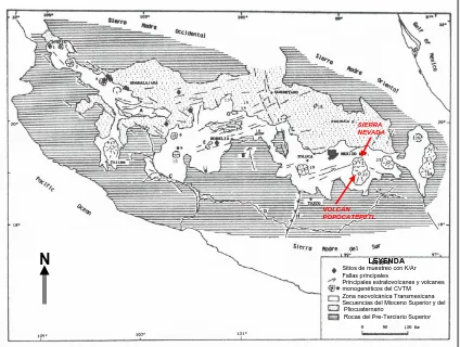 Figura 2. Mapa generalizado del Cinturón Volcánico Transmexicano, donde se ubican los principales aparatos volcánicos, incluido el Popocatépetl