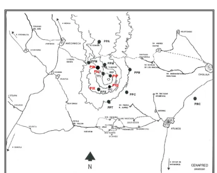 Figura 7. Mapa donde se muestra la distribución de las estaciones inclinométricas, las cuales coinciden con las estaciones sísmicas de Canario (PPP), Juncos (PPJ), Chipiquixtle (PPX), Cuervos (PPQ) y Nexpayantla, donde no hay estación sísmica 30  