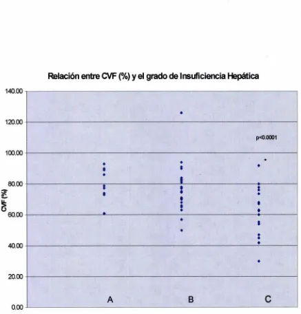 Figura 5. Muestra la relación entre el grado de Insuficiencia hepática, clasificado en tres 