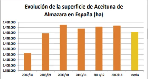 Figura 1.  Representación gráfica de la evolución de la superficie de Almazara en España