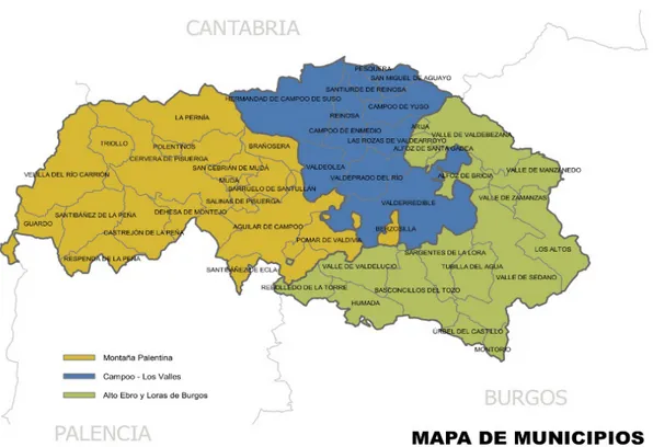Figura 1. Mapa de municipios de la zona geográfica Campoo, a la que pertenecen las comarcas Montaña Palentina y  Las Loras (fuente: Fundación Santamaría La Real, 2012) 