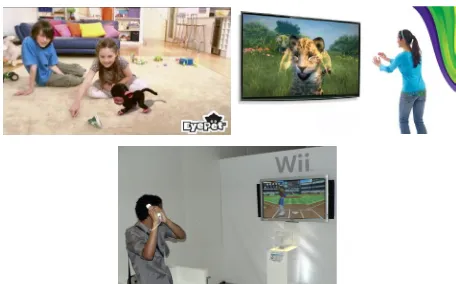 Fig. 1.8. De izquierda a derecha en sentido de las manecillas del reloj: Eyepet de Sony, Kinectimals de Microsoft y el Wii de Nintendo