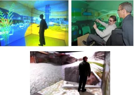 Fig. 3. Algunos ejemplos de sistemas virtuales semi-inmersivos: una plaza comercial, el interior de un coche y las calles de una ciudad