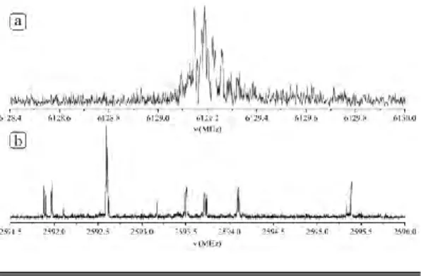 FIGURE  III.1:     Comparative  of  the  quadrupole  hyperfine  structure of histidine at different frequencies (same scales) (a) 4 14  -3 13 
