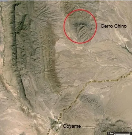 Figura 27: Ubicación geográfica del estado de Chihuahua, el círculo azul indica la localización del área de estudio del Cerro Chino