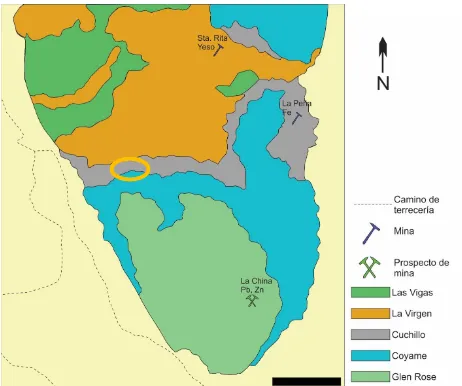 Figura 30: Cartografía geológica de las formaciones de la localidad de Cerro Chino. Imagen modificada del mapa del SGM, San Eduardo H13-C29, coordenadas 29° 36’ 55.48’’N, 105° 3’ 30.37’’ O