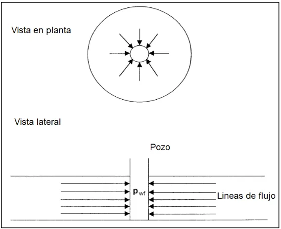 Figura  I.5 Vista en planta y lateral de la geometría de flujo radial (Modificado de Tarek, 2010)8 