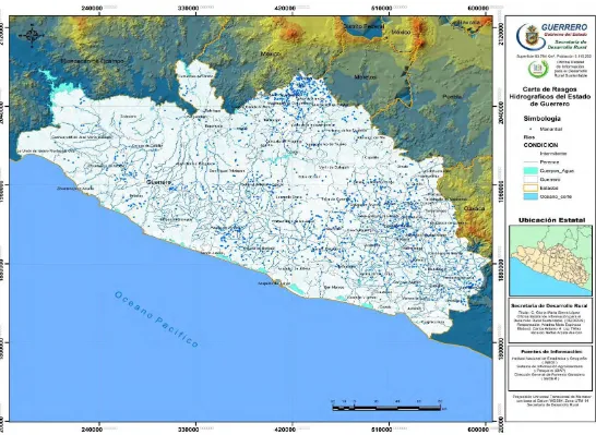 Figura 2. Carta de rasgos hidrográficos del Estado de Guerrero México, se aprecian los principales cuerpos de agua de dicho Estado