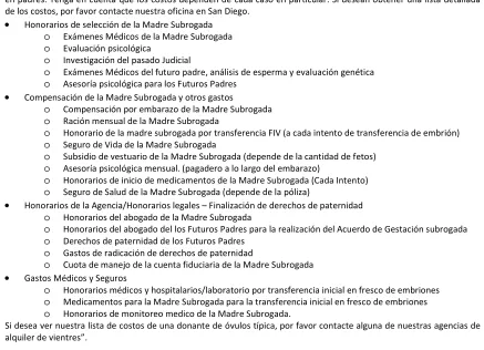Cuadro 2 COSTO DEL ALQUILER DE VIENTRE EN UNA AGENCIA ESPECIALIZADA EN EL SUR DE CALIFORNIA 