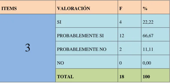TABLA 7: Inventarios  ITEMS VALORACIÓN F % 3  SI 4 22,22PROBABLEMENTE SI1266,67PROBABLEMENTE NO211,11 NO 0 0,00 TOTAL 18 100