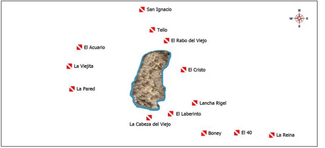 Figura 1. Bajos alrededor del Islote El Pelado (Fuente: www.tortugadivers.ec). 