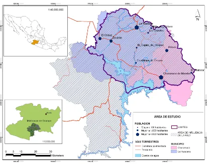 Figura 6. Ubicación del área de estudio en los municipios de La Huacana y Churumuco, Mich.