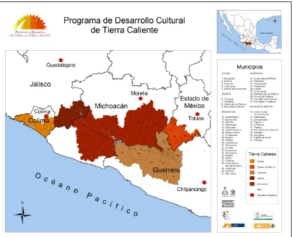 Figura 8. Ubicación de la Región Cultural de Tierra Caliente en México. Fuente: CONACULTA: http://vinculacion.conaculta.gob.mx/prog_vincregional_tierracaliente.html 