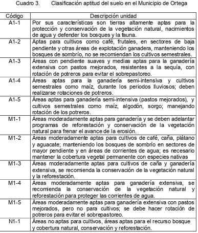 Cuadro 3. Clasificación aptitud del suelo en el Municipio de Ortega 