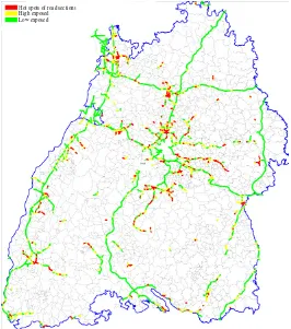 Figure 9: Detected hot spots on the main roads in Baden-Württemberg 