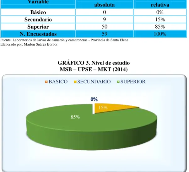 GRÁFICO 3. Nivel de estudio  MSB – UPSE – MKT (2014) 