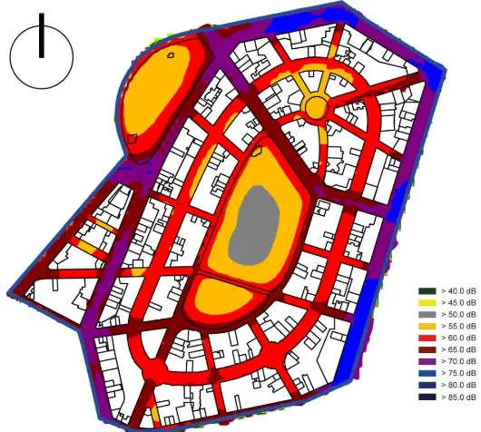 Figura 2. Mapa de ruido del área de estudio Condesa- Hipódromo: día típico “Hoy no circula”
