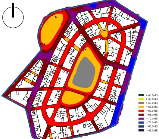 Figura 3. Mapa de ruido del área de estudio Condesa- Hipódromo: “Hoy no circula” con PCAA F1