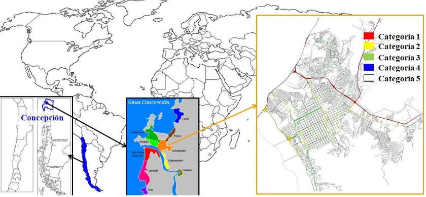 Figura 1 – Localización y categorías viales de la ciudad de Concepción 