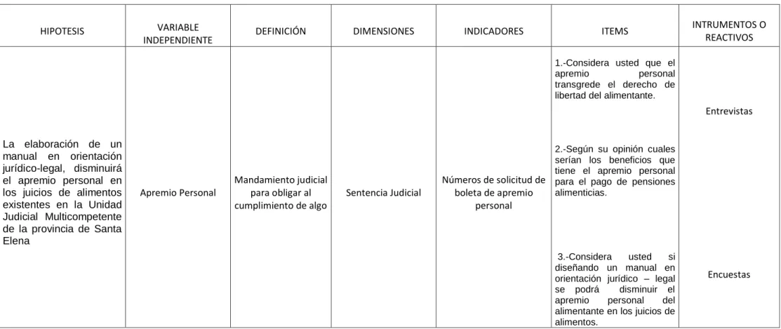 CUADRO NO. 1 OPERACI ONALIZACIÓN  DE LAS   VARIABLES: VARIABLE  INDEPENDIENTE 