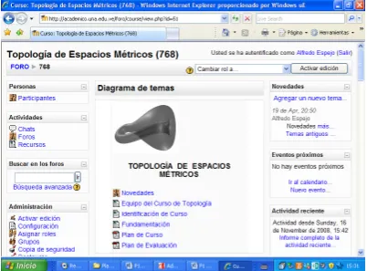 Fig.3 El curso de Topología de Espacios Métricos  bajo la plataforma Moodle 