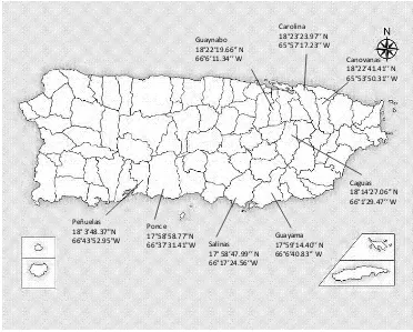 Fig. 3.  Ubicación geográfica aproximada, del sitio de muestreo en los municipios de Puerto Rico en donde se realizaron las colectas de Ae