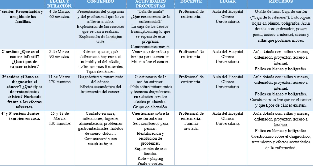 Tabla 7. Resumen de las actividades del programa. Elaboración propia.  