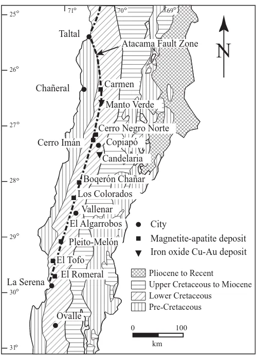 FIG. 1. Map of selected iron oxide (Cu-U-Au-REE) deposits in northernChile.