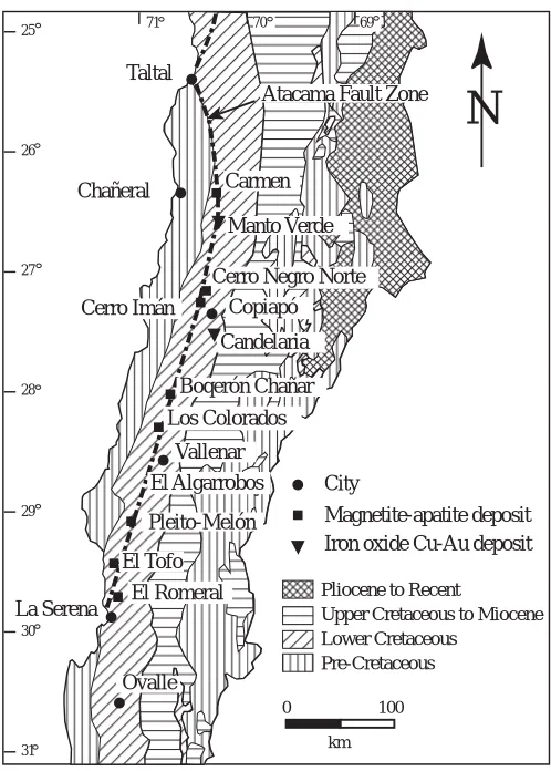 FIG. 1. Map of selected iron oxide (Cu-U-Au-REE) deposits in northernChile.