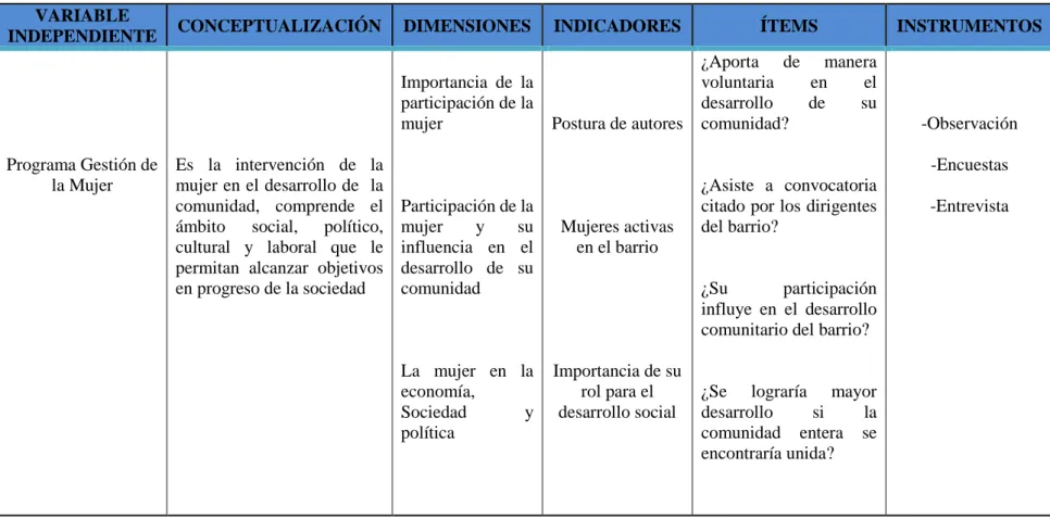 Cuadro 1. Esquema Operativo de la variable Independiente 