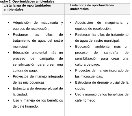 Cuadro 2. Oportunidades ambientales  
