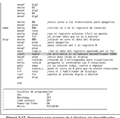 Figura 2.17. Programa para manejo de 4 displays sin decodificador