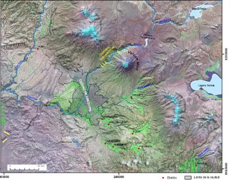 Fig. 2. Mapa de ubicación del volcán Misti y su área de influencia. En la parte central la depresión tectónica donde se encuentra asentada la ciudad de Arequipa, que limita al Noreste por la cadena de volcanes Pichu Pichu, Misti y Chachani y por el Suroest