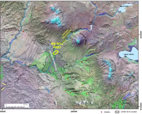 Fig. 2. Mapa de ubicación del volcán Misti y su área de influencia. En la parte central la depresión tectónica donde se encuentra asentada la ciudad de Arequipa, que limita al Noreste por la cadena de volcanes Pichu Pichu, Misti y Chachani y por el Suroest