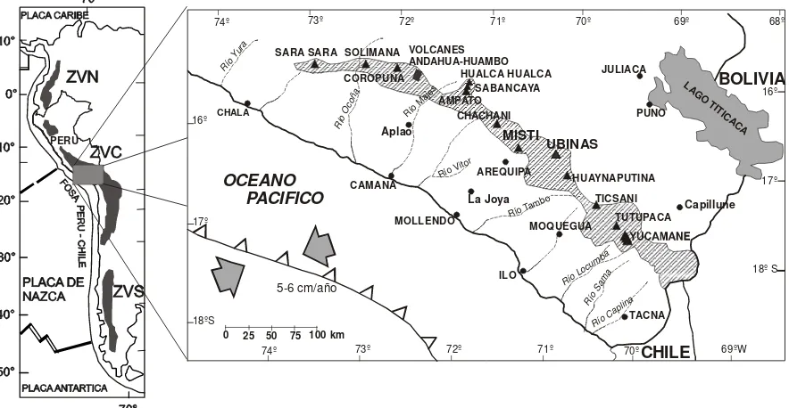 Fig. 1. Localización de los volcanes Misti y Ubinas dentro de la zona volcánica Plio-cuaternaria de 