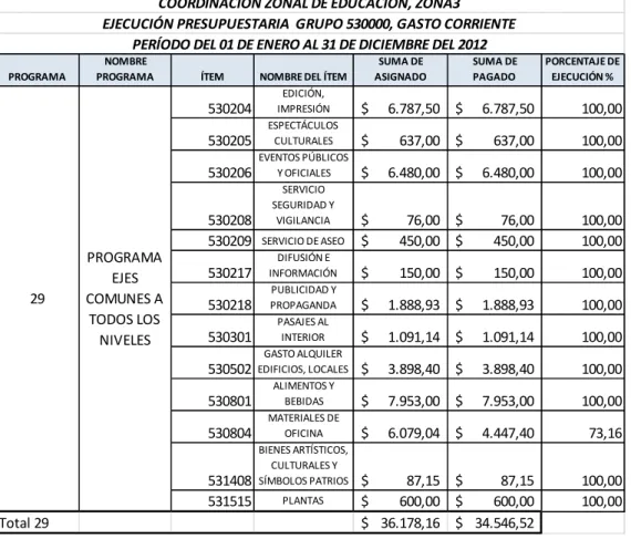 Tabla 4.3. Ejecución Presupuestaria año 2012 programa 29