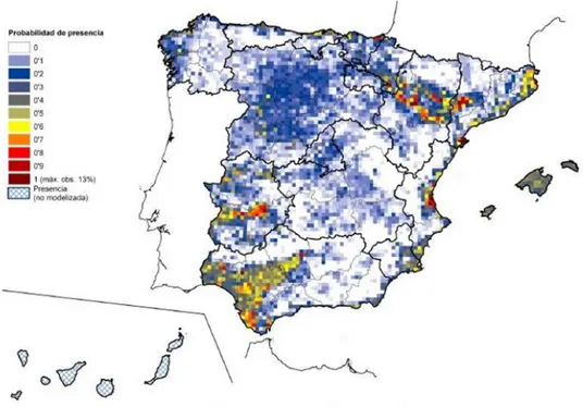 Figura 8. Distribución de la lechuza común en España en invierno. Extraído de SEO/BirdLife,  (2012)