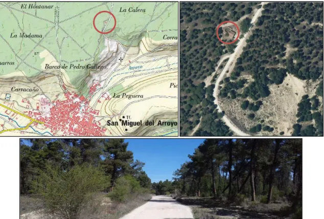Figura 2. Posición de la “Casa del Guarda” con respecto al municipio de San Miguel  del Arroyo, ubicación del edificio con respecto a la pista forestal de acceso y pista  forestal de acceso en buen estado de conservación