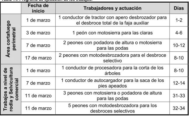 Tabla 14. Programa de ejecución de los trabajos. 
