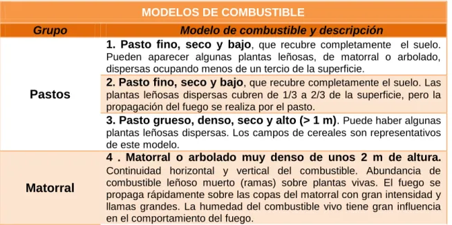 Tabla 9. Clasificación modelos de combustible de Rothermel. 