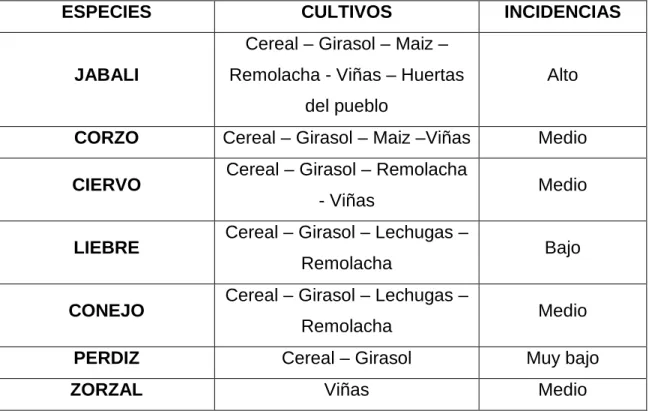 Tabla 5. Relación de daños a cultivos por cada especie. 