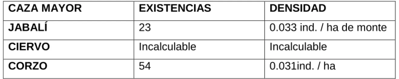 Tabla 13: Existencias y densidades de especies de caza mayor 
