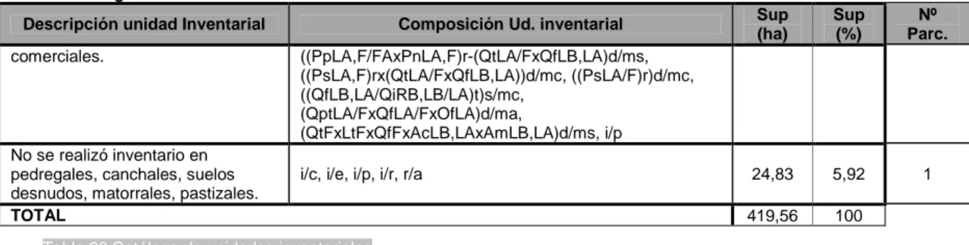 Tabla 20 Catálogo de unidades inventariales 